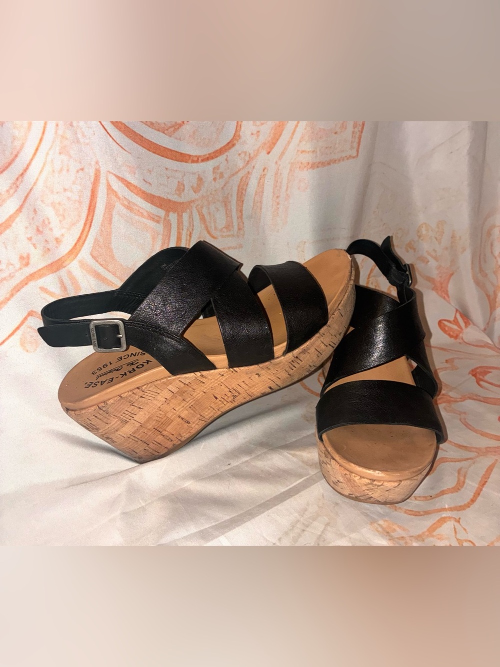 Kork-Ease Women’s Black Leather Cork Wedge Sandals